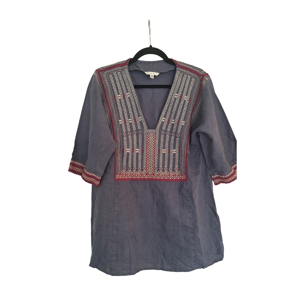 Cabi 996 Womens Blue 100% Linen Embroidered Split Neck Tunic Top Size M